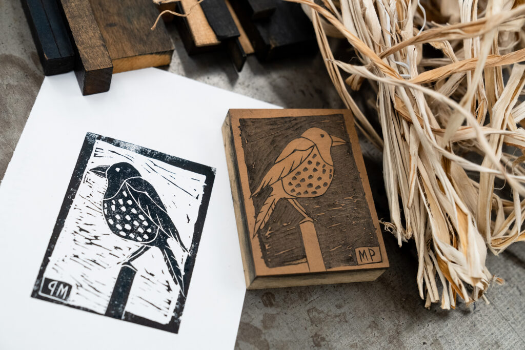 Carved and printed bird lino block and kozo fibre from the mulberry tree.