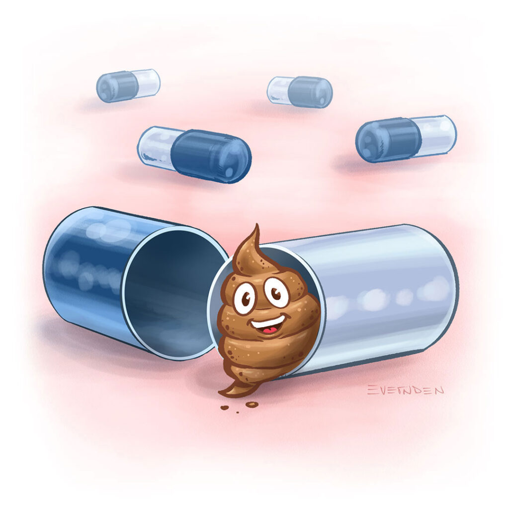 Cartoon drawing of fecal transplant capsules