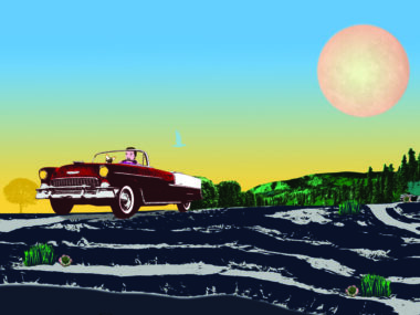 Illustration of car driving through Alberta's oilsands