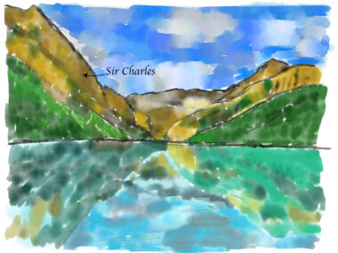 Watercolor illustration of a mountain lake near Lake Louise Alberta and Charles Zircon.
