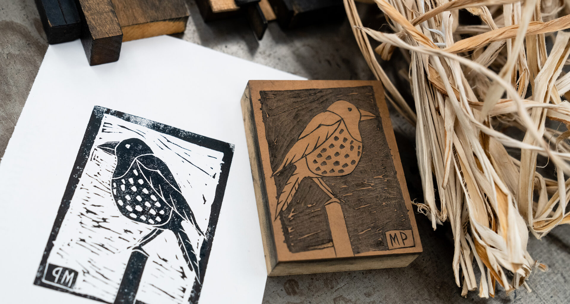 Carved and printed bird lino block and kozo fibre from the mulberry tree.