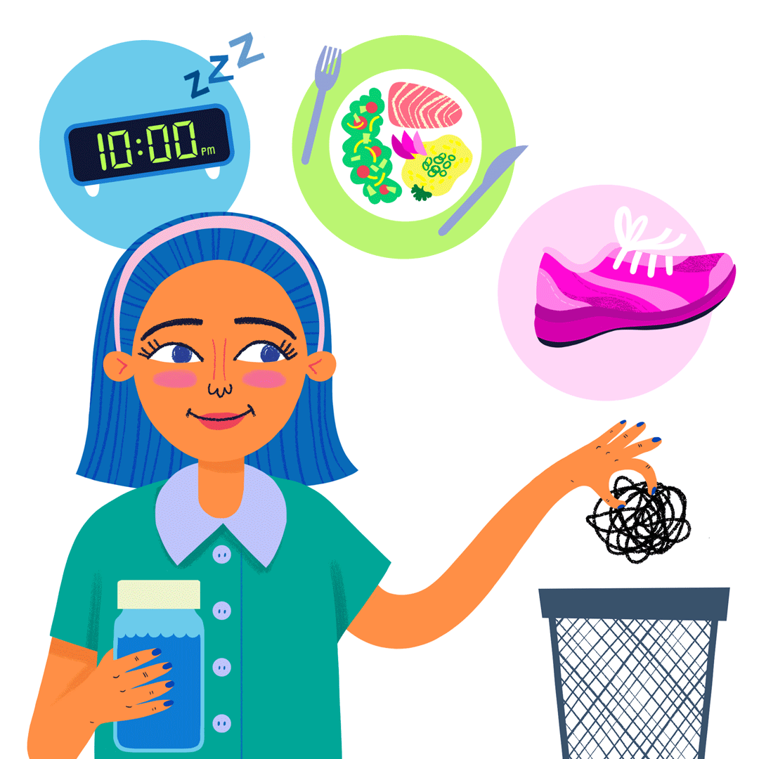 Drawing of girl disposing of migraine symptoms and regulating sleep, nutrition and exercise