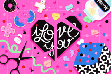 Illustration of black cut up black Valentine's Day card and heart shaped candies with negative relationship words on them.